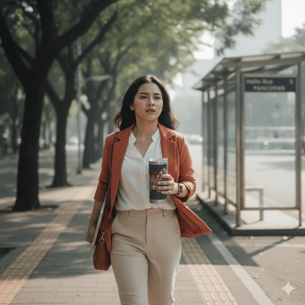 Ilustrasi wanita membawa tumbler RUPA untuk aktivitas sehari-hari.